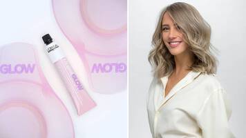 a photo of L’Oreal Professionnel Majirel Glow and a woman with shoulder length ash blonde hair