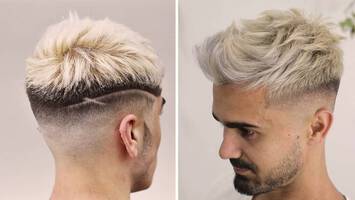 two photos of men with bleach blonde hair