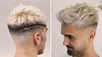two photos of men with bleach blonde hair