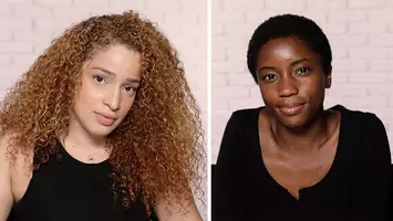 two women showing hairline at camera