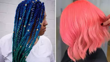 a woman with vibrant blue braids and a woman with a bright pink bob