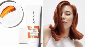 A photo of a woman with red hair next to Biology ColorBalm Color Depositing Conditioner