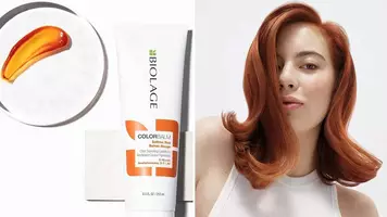 A photo of a woman with red hair next to Biology ColorBalm Color Depositing Conditioner