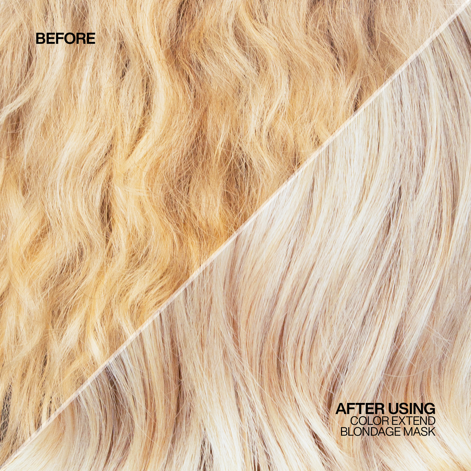 A woman's blonde hair before and after using Redken Color Extend Blondage Purple Shampoo