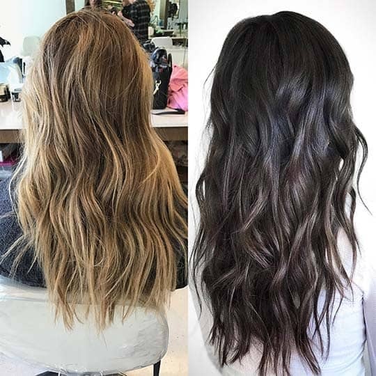 Side by side picture of a woman going from blonde to cool-tone brown hair the new celeb inspired trend