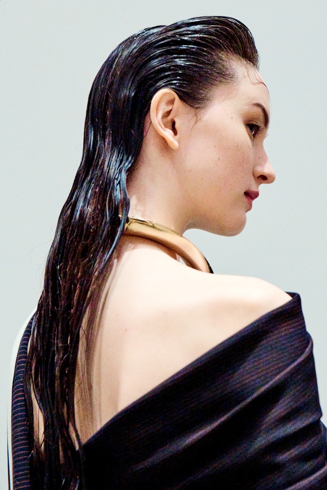 Woman with wet look at NYFW 2020