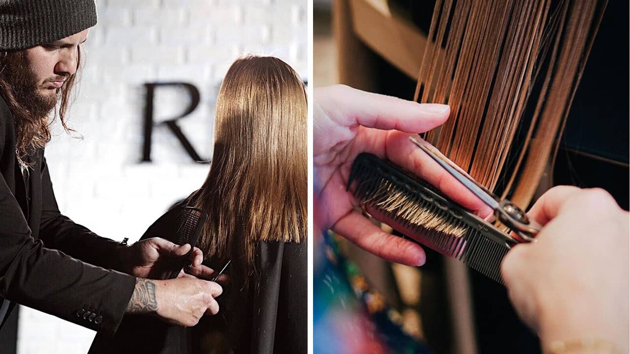 Hands Of A Professional Hairdresser Scissors The Bangs Of Wet Hair