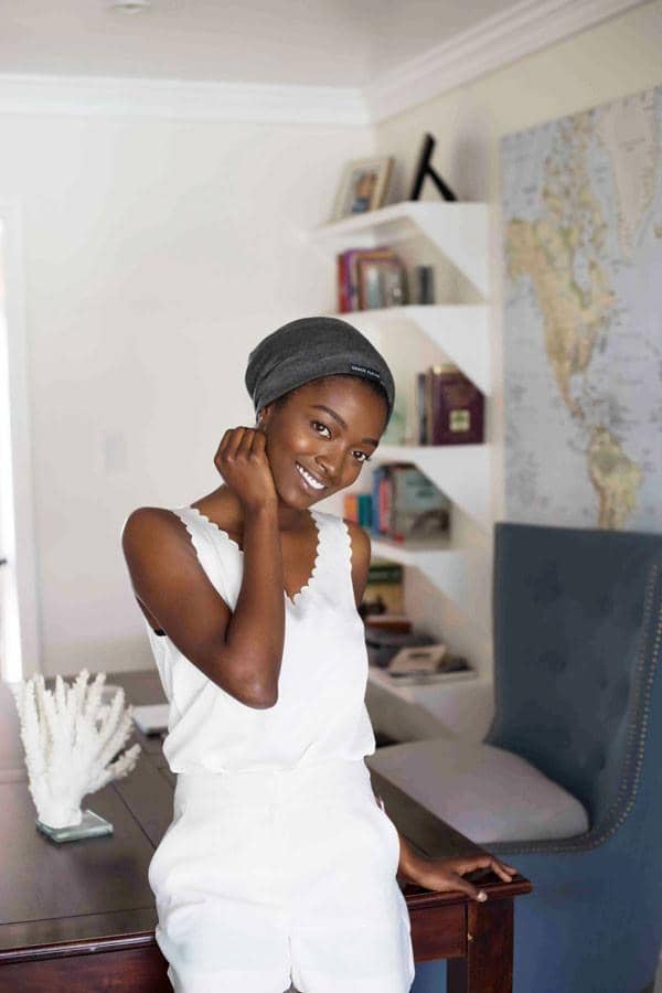 woman wearing grace eleyae silk lined cap